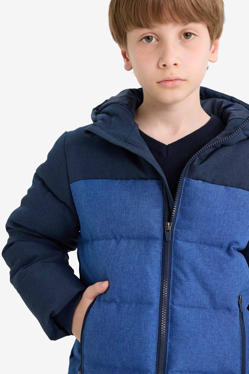 DeFacto Blue Boy Boy Waterproof Hooded Zippered Puffer Jacket Casual - Image 4